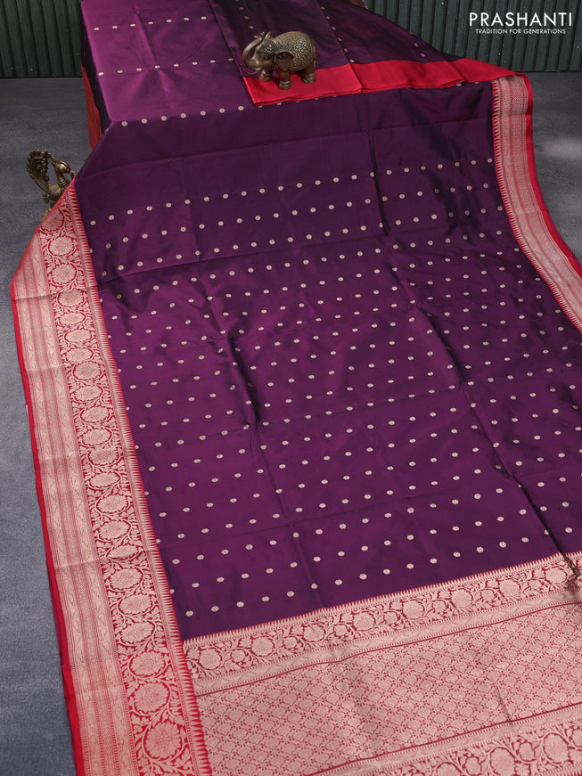 Pure banarasi katan silk saree deep purple and red with zari woven buttas and copper zari woven border