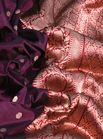 Pure banarasi katan silk saree deep purple and red with zari woven buttas and copper zari woven border