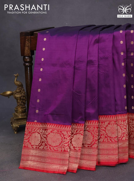 Pure banarasi katan silk saree deep purple and red with zari woven buttas and copper zari woven border