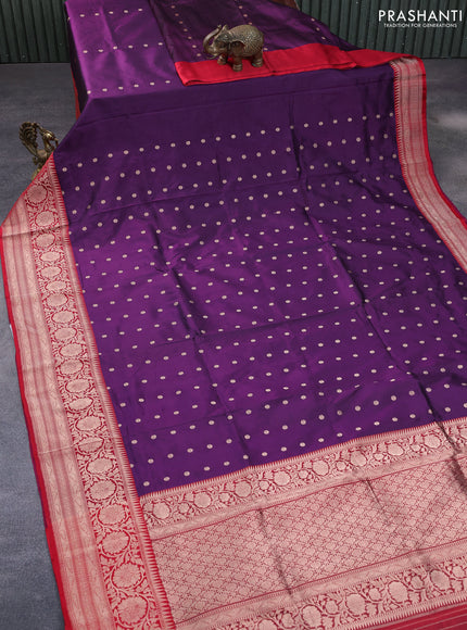 Pure banarasi katan silk saree deep purple and red with zari woven buttas and copper zari woven border