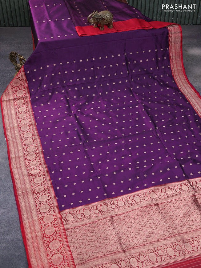 Pure banarasi katan silk saree deep purple and red with zari woven buttas and copper zari woven border