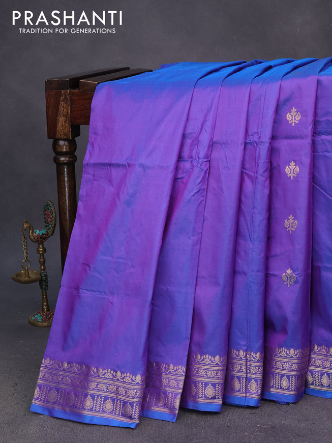 Pure banarasi katan silk saree dual shade of bluish violet with zari woven buttas and zari woven border