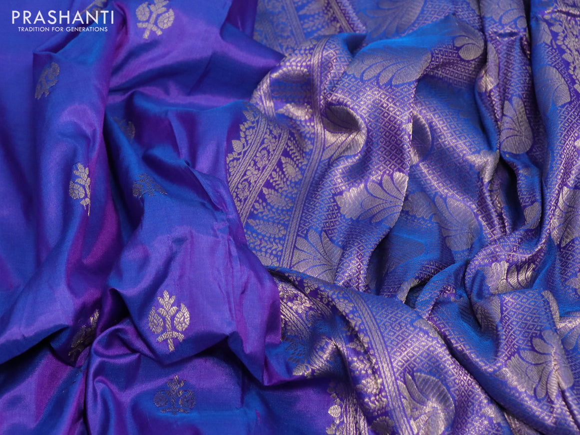 Pure banarasi katan silk saree dual shade of bluish violet with zari woven buttas and zari woven border