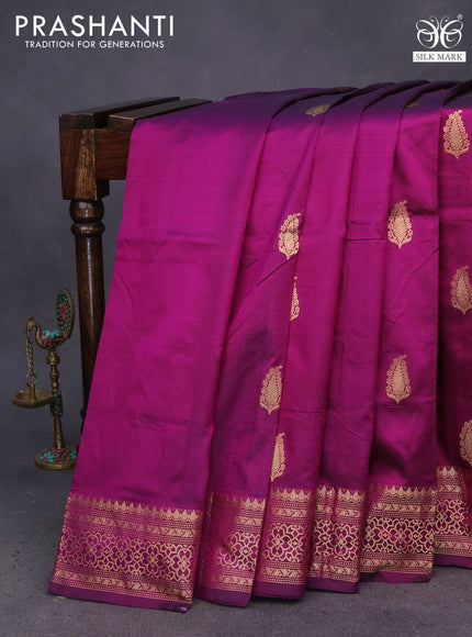 Pure banarasi katan silk saree dark magenta pink with paisley zari woven buttas and zari woven border