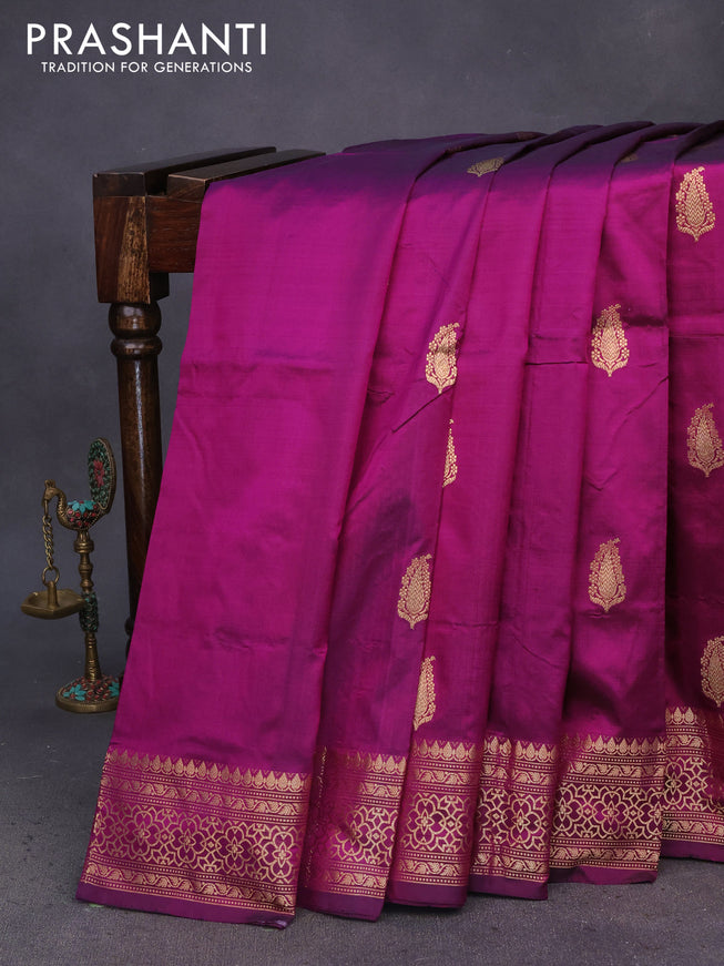 Pure banarasi katan silk saree dark magenta pink with paisley zari woven buttas and zari woven border