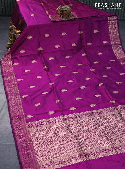 Pure banarasi katan silk saree dark magenta pink with paisley zari woven buttas and zari woven border