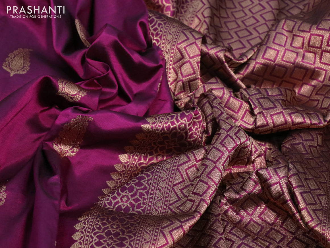 Pure banarasi katan silk saree dark magenta pink with paisley zari woven buttas and zari woven border