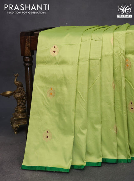 Pure banarasi katan silk saree lime green and green with zari woven buttas and piping border