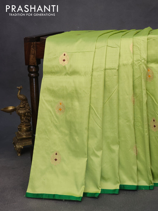 Pure banarasi katan silk saree lime green and green with zari woven buttas and piping border