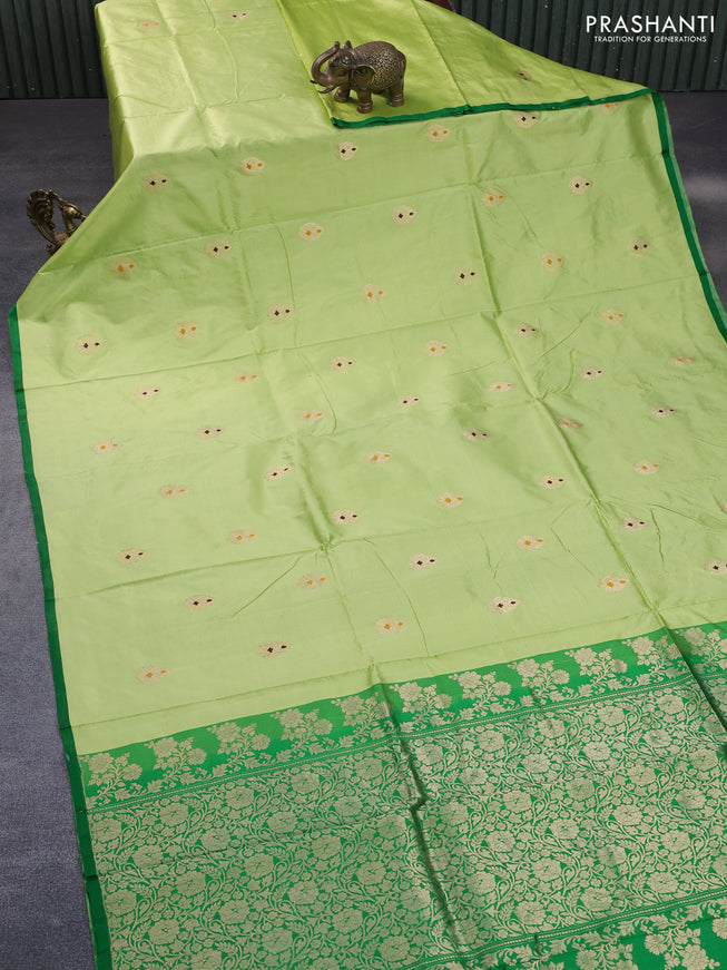 Pure banarasi katan silk saree lime green and green with zari woven buttas and piping border