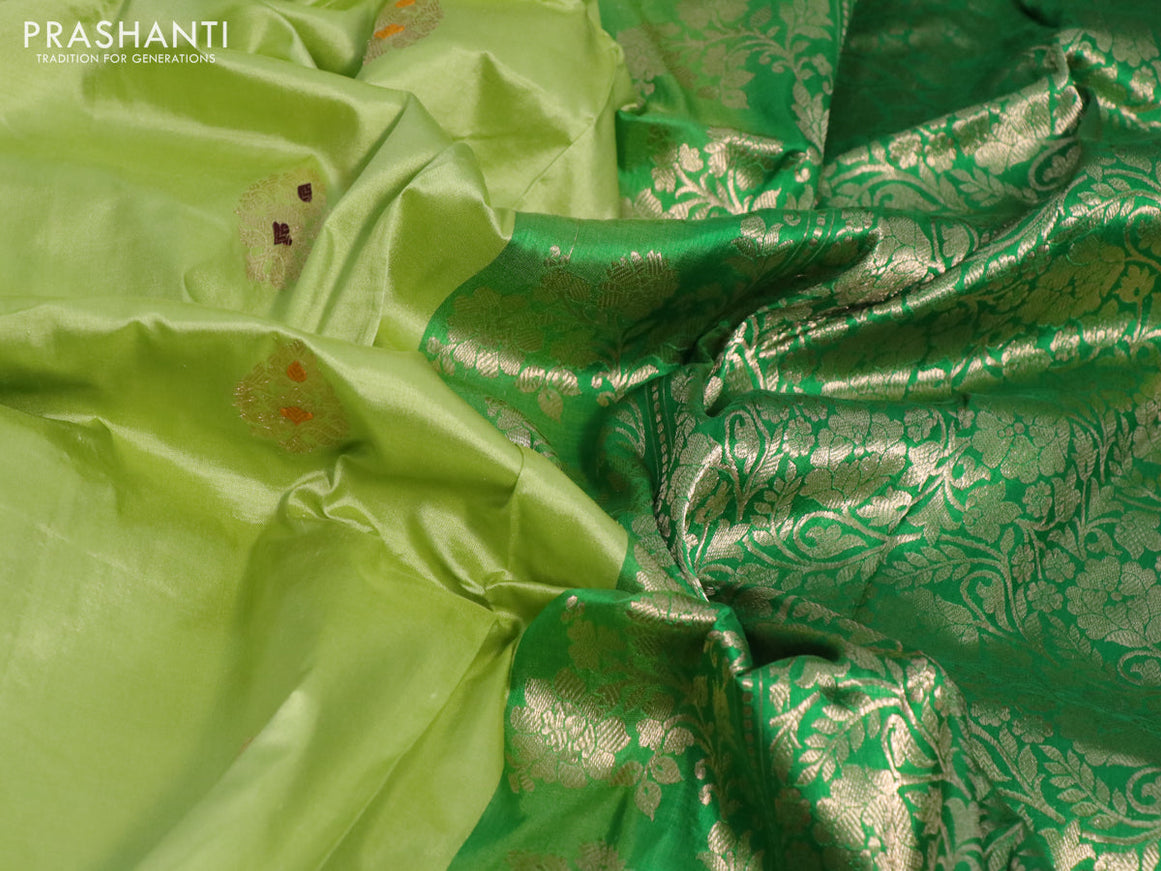 Pure banarasi katan silk saree lime green and green with zari woven buttas and piping border