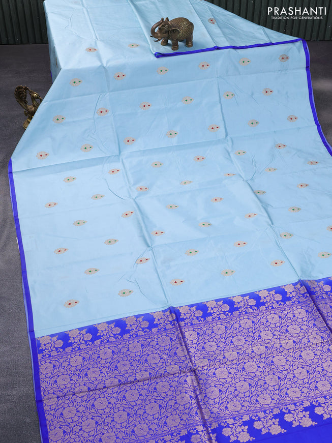 Pure banarasi katan silk saree light blue and royal blue with zari woven buttas and piping border