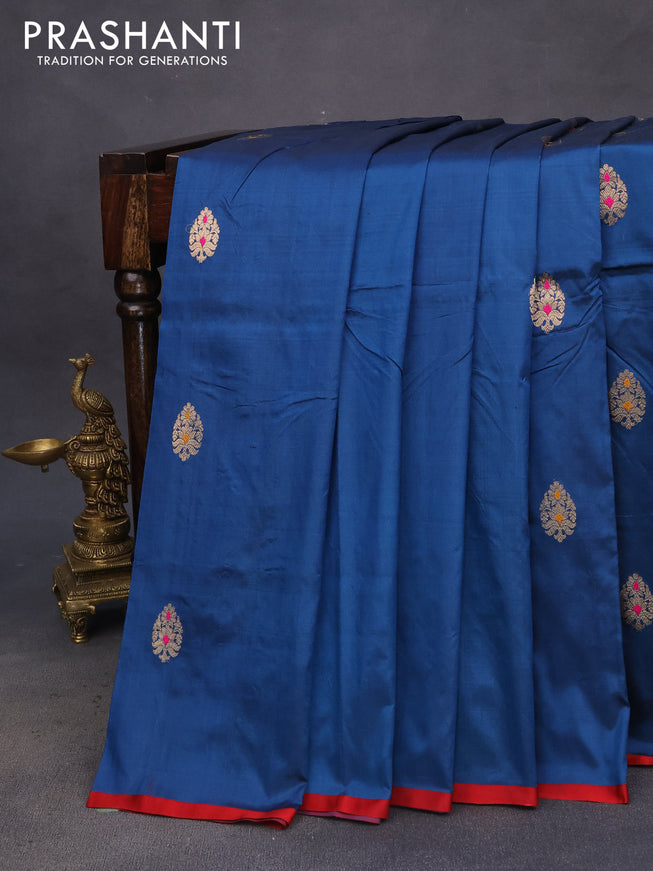 Pure banarasi katan silk saree peacock blue and red with zari woven buttas and piping border