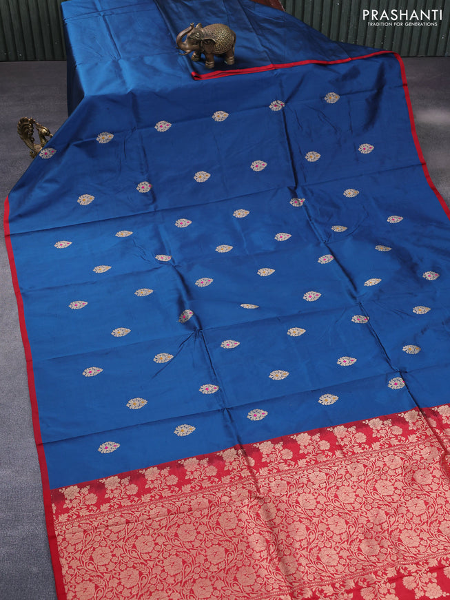 Pure banarasi katan silk saree peacock blue and red with zari woven buttas and piping border