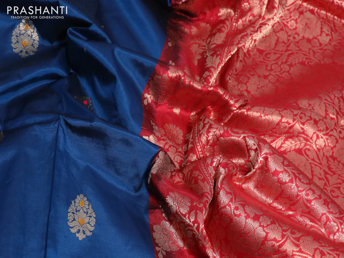 Pure banarasi katan silk saree peacock blue and red with zari woven buttas and piping border