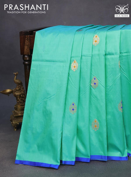 Pure banarasi katan silk saree teal green and royal blue with zari woven buttas and piping border