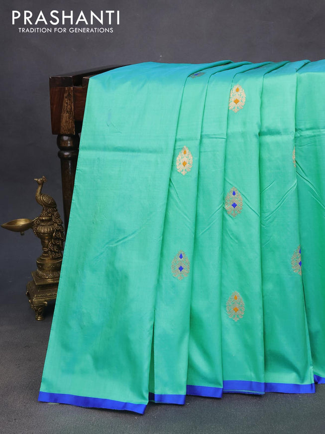 Pure banarasi katan silk saree teal green and royal blue with zari woven buttas and piping border