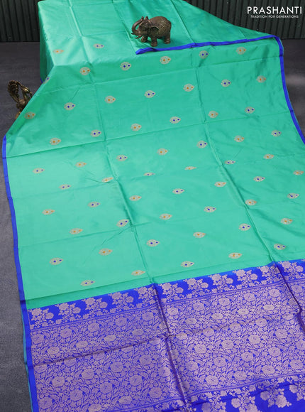 Pure banarasi katan silk saree teal green and royal blue with zari woven buttas and piping border