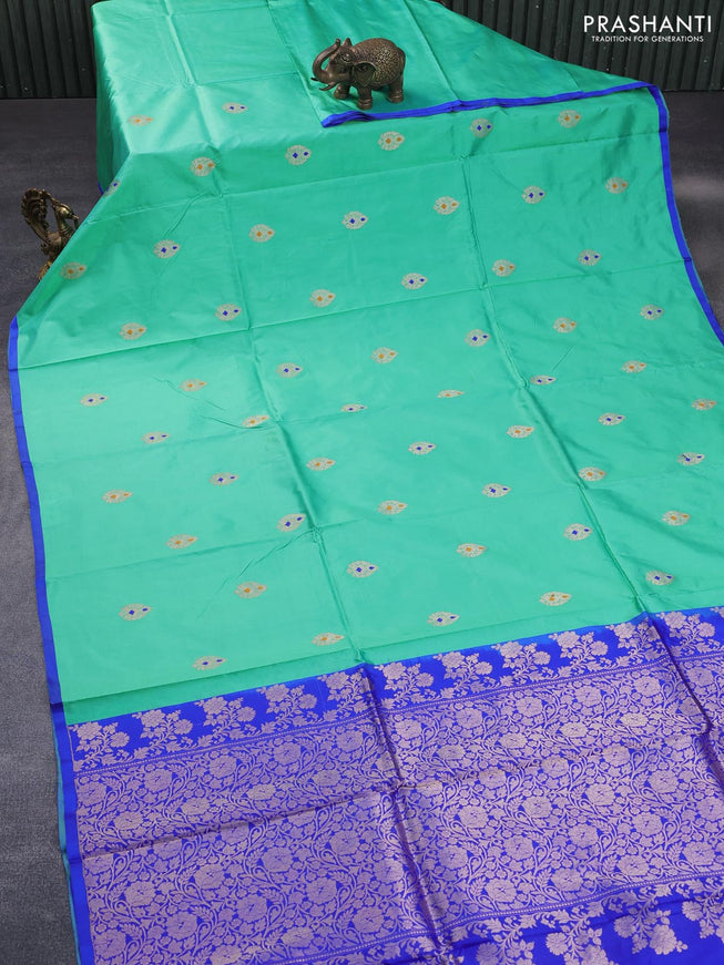 Pure banarasi katan silk saree teal green and royal blue with zari woven buttas and piping border