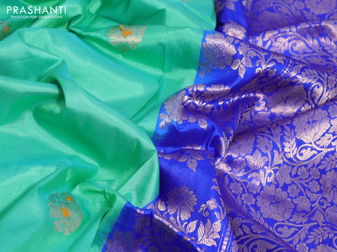 Pure banarasi katan silk saree teal green and royal blue with zari woven buttas and piping border