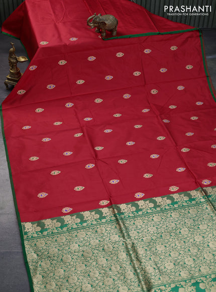 Pure banarasi katan silk saree red and green with zari woven buttas and piping border