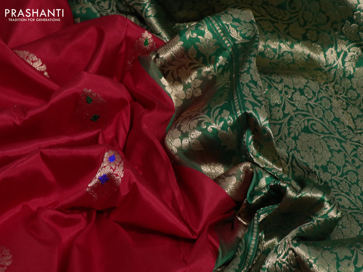 Pure banarasi katan silk saree red and green with zari woven buttas and piping border