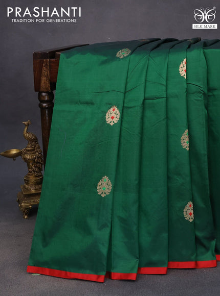 Pure banarasi katan silk saree green and red with zari woven buttas and piping border