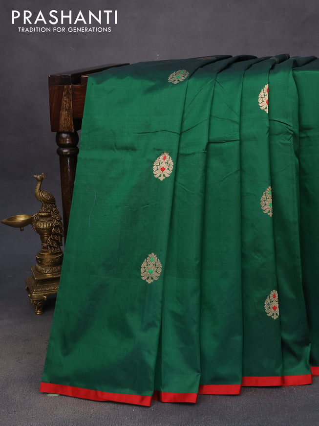 Pure banarasi katan silk saree green and red with zari woven buttas and piping border