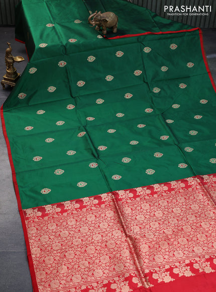 Pure banarasi katan silk saree green and red with zari woven buttas and piping border