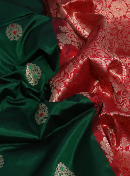 Pure banarasi katan silk saree green and red with zari woven buttas and piping border