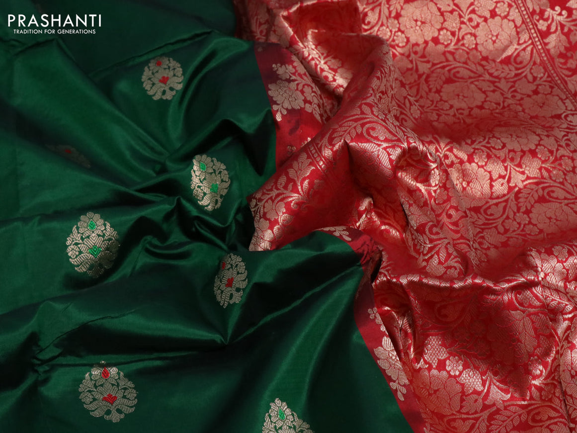 Pure banarasi katan silk saree green and red with zari woven buttas and piping border