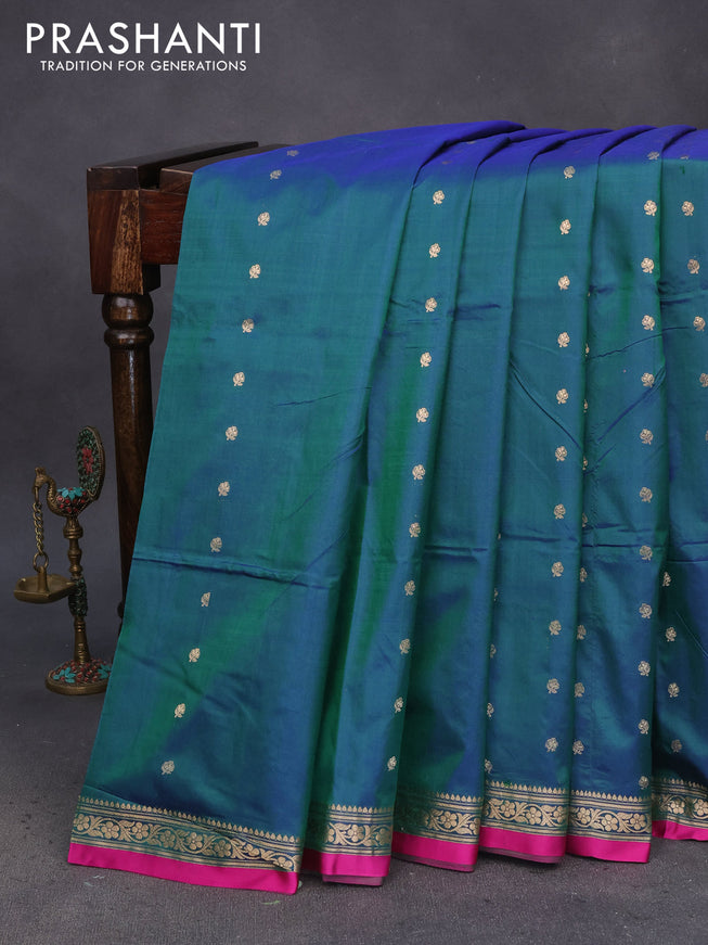 Pure banarasi katan silk saree dual shade of bluish green and pink with zari woven buttas and zari woven border