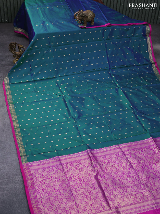 Pure banarasi katan silk saree dual shade of bluish green and pink with zari woven buttas and zari woven border