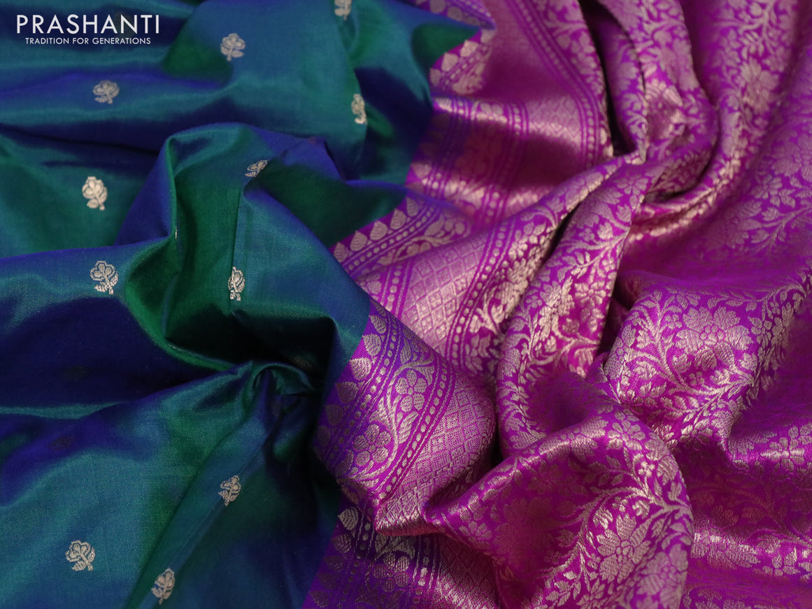 Pure banarasi katan silk saree dual shade of bluish green and pink with zari woven buttas and zari woven border