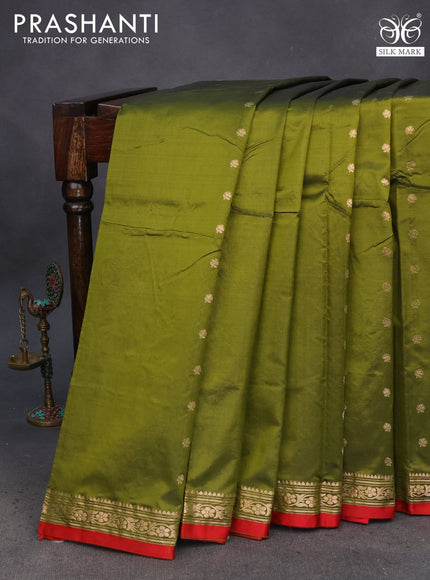 Pure banarasi katan silk saree mehendi green and red with zari woven buttas and zari woven border