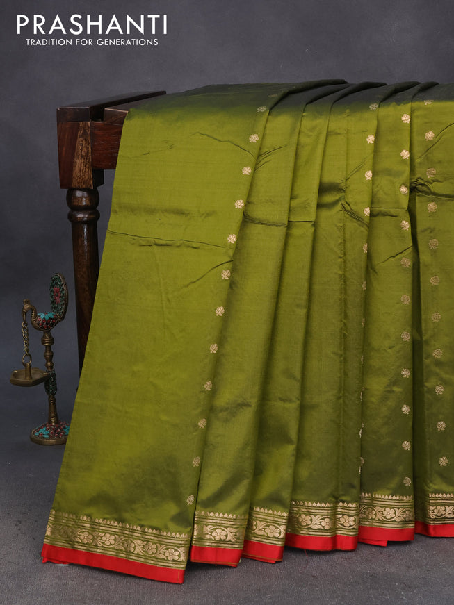 Pure banarasi katan silk saree mehendi green and red with zari woven buttas and zari woven border