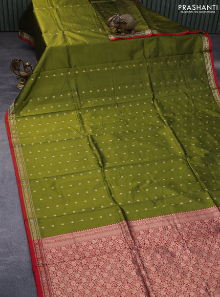 Pure banarasi katan silk saree mehendi green and red with zari woven buttas and zari woven border