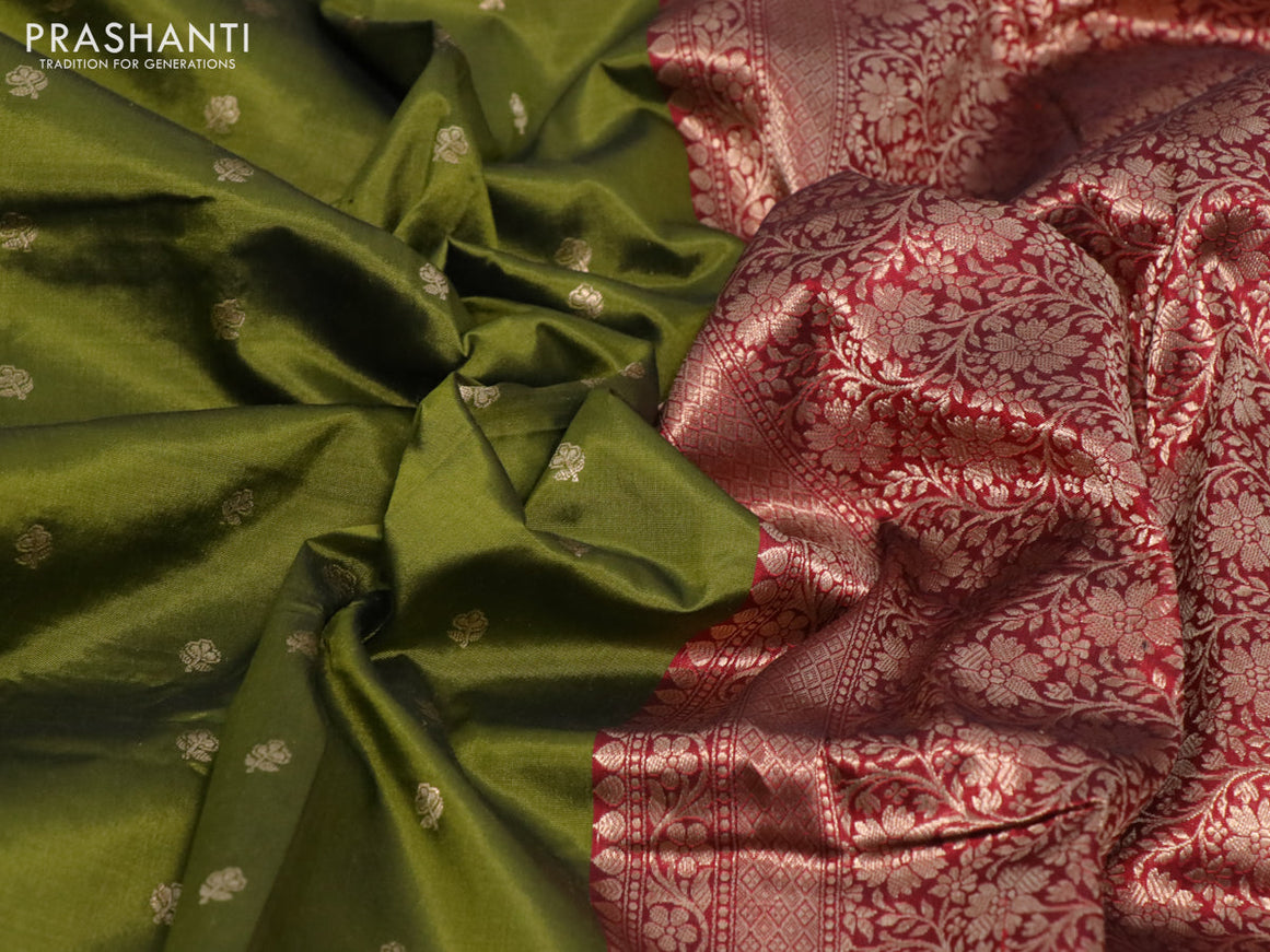 Pure banarasi katan silk saree mehendi green and red with zari woven buttas and zari woven border