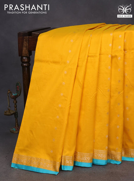 Pure banarasi katan silk saree mango yellow and teal blue with zari woven buttas and zari woven border