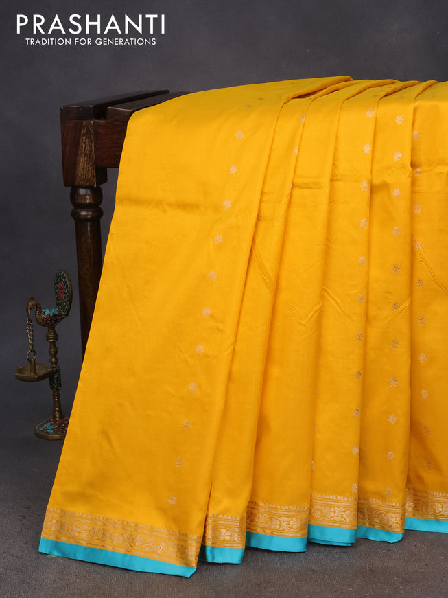 Pure banarasi katan silk saree mango yellow and teal blue with zari woven buttas and zari woven border