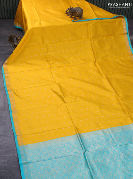 Pure banarasi katan silk saree mango yellow and teal blue with zari woven buttas and zari woven border