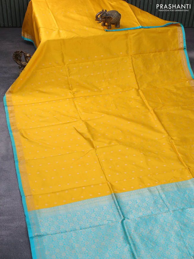 Pure banarasi katan silk saree mango yellow and teal blue with zari woven buttas and zari woven border