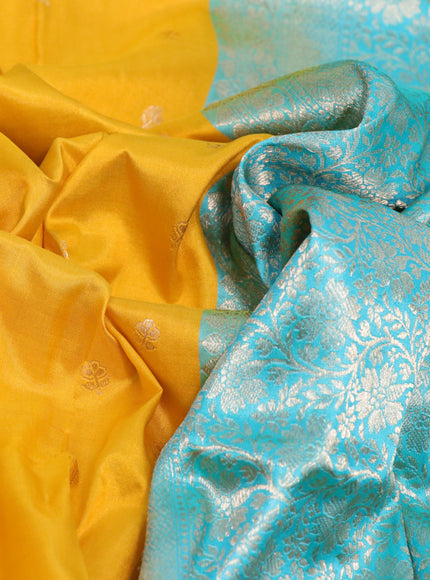 Pure banarasi katan silk saree mango yellow and teal blue with zari woven buttas and zari woven border