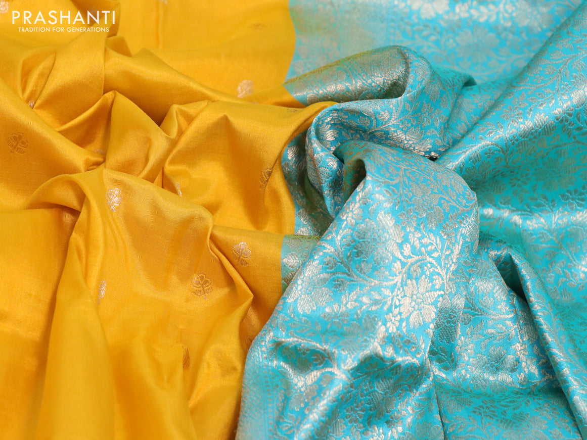 Pure banarasi katan silk saree mango yellow and teal blue with zari woven buttas and zari woven border