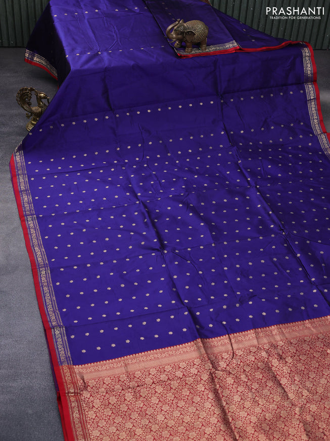 Pure banarasi katan silk saree blue and red with zari woven buttas and zari woven border