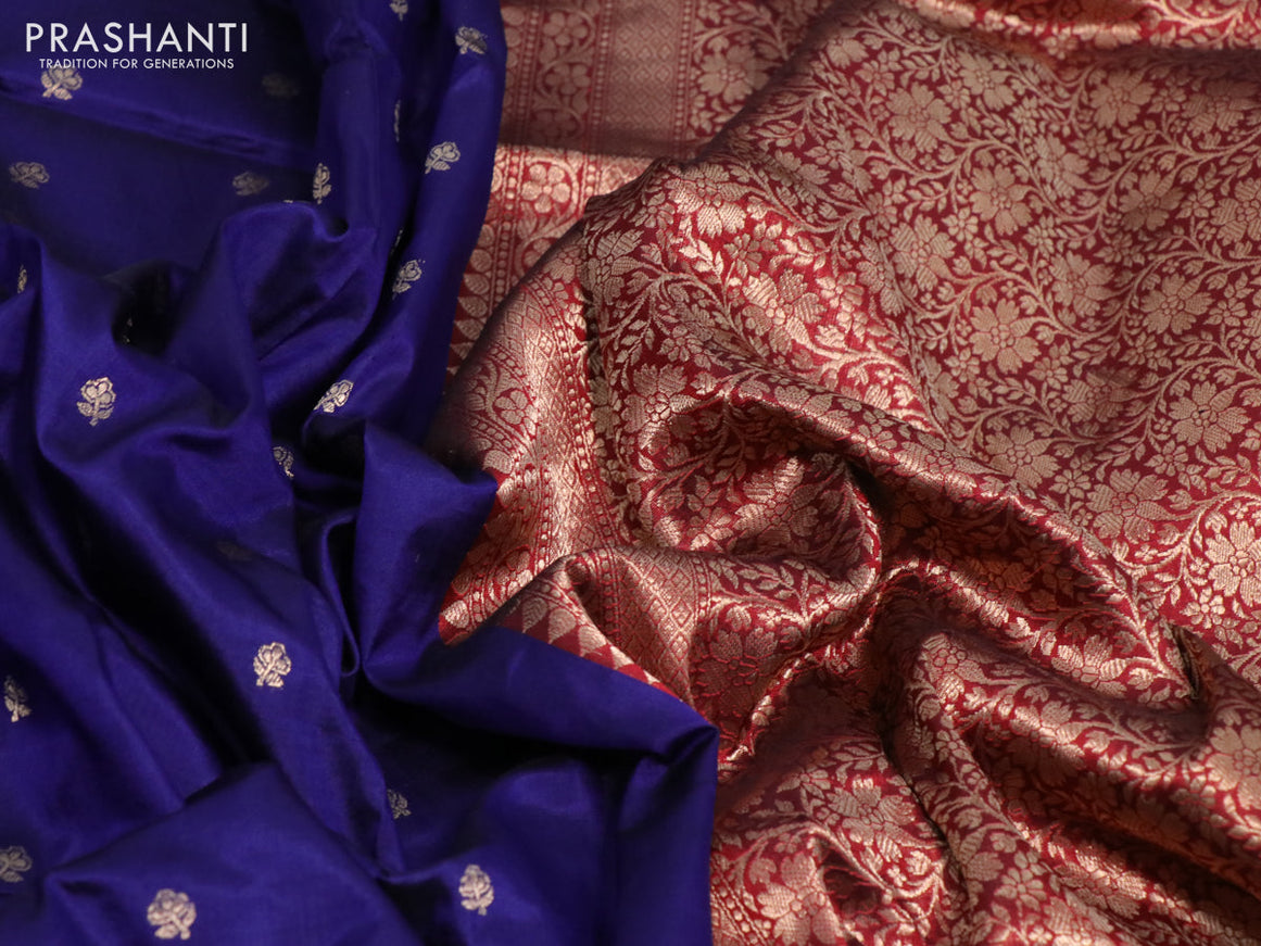 Pure banarasi katan silk saree blue and red with zari woven buttas and zari woven border