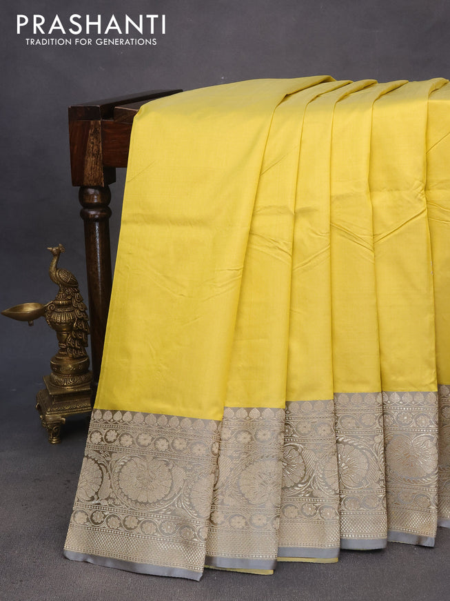 Pure banarasi katan silk saree lime yellow and grey with zari woven buttas and floral zari woven border