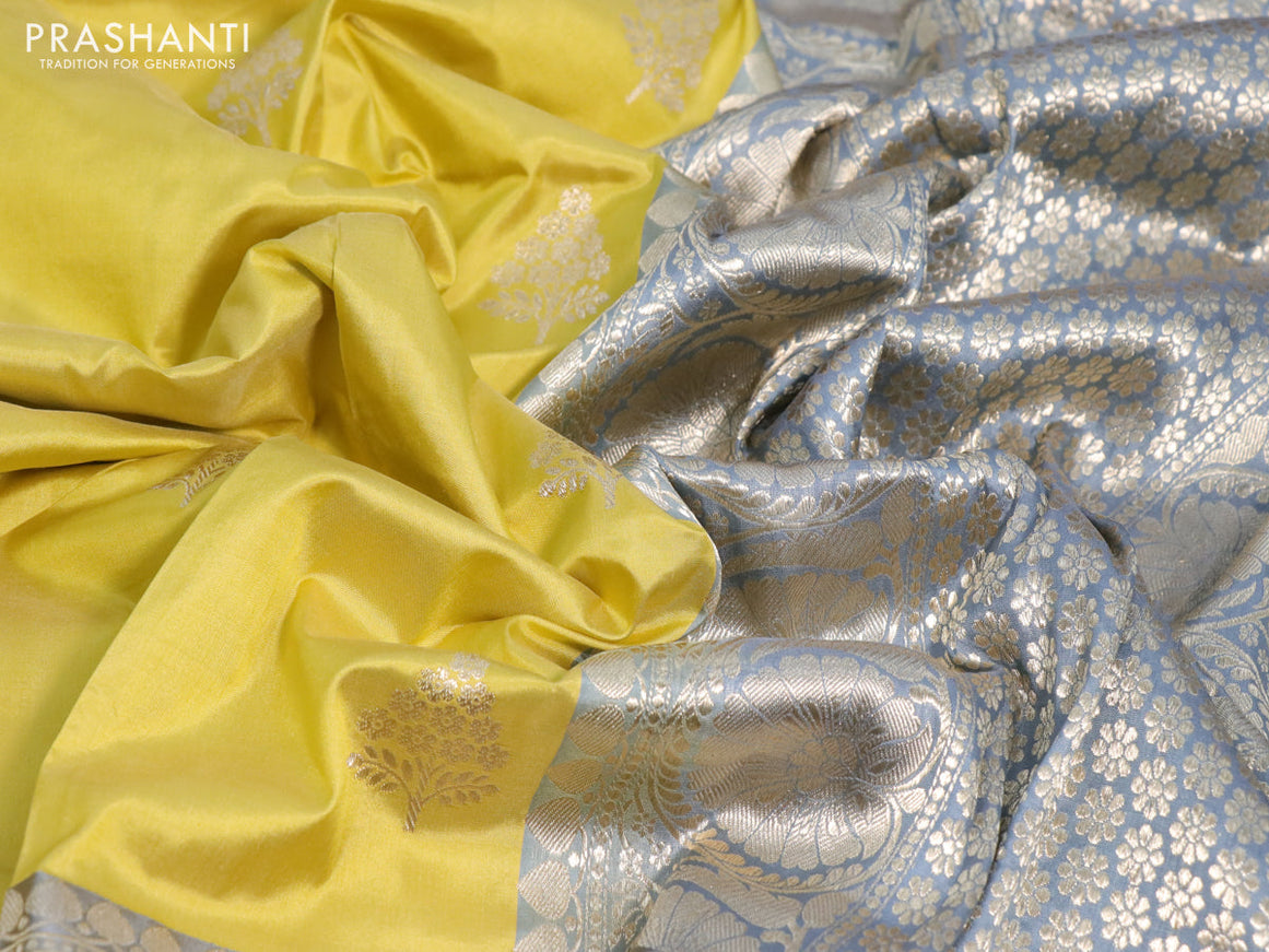 Pure banarasi katan silk saree lime yellow and grey with zari woven buttas and floral zari woven border