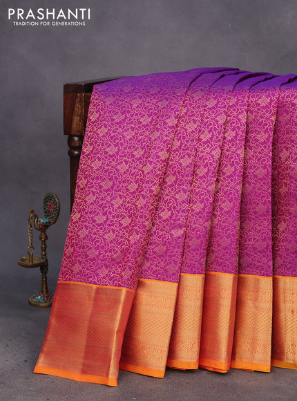 Kanchipuram silk saree purple and mustard yellow with allover zari woven brocade weaves and zari woven border