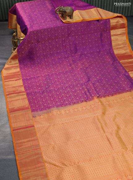 Kanchipuram silk saree purple and mustard yellow with allover zari woven brocade weaves and zari woven border